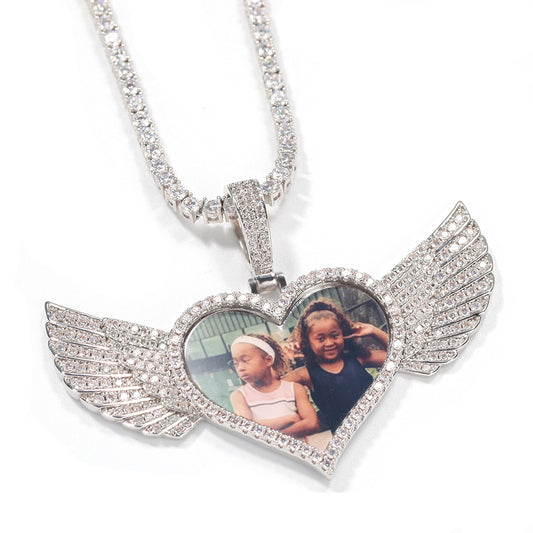 Custom Heart Photo Necklace Wing Pendant