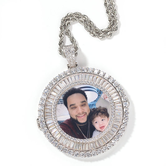 Custom Big Photo Necklace Baguettes Cubic Zirconia Pendant