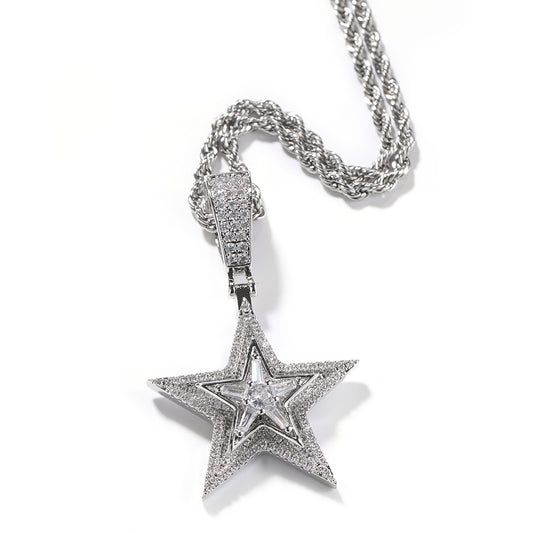 Iced Out Bling Rotating Pentagram CZ Pendant Necklace