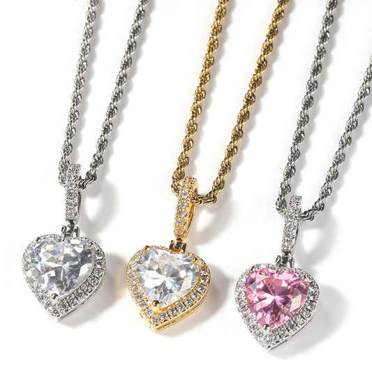 Iced out big pink heart cubic zirconia pendant