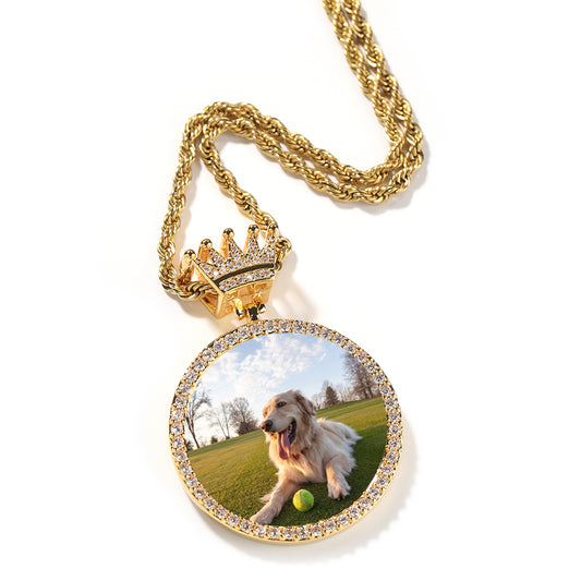 Personalized Gold Silver Crown Round Photo Pendant